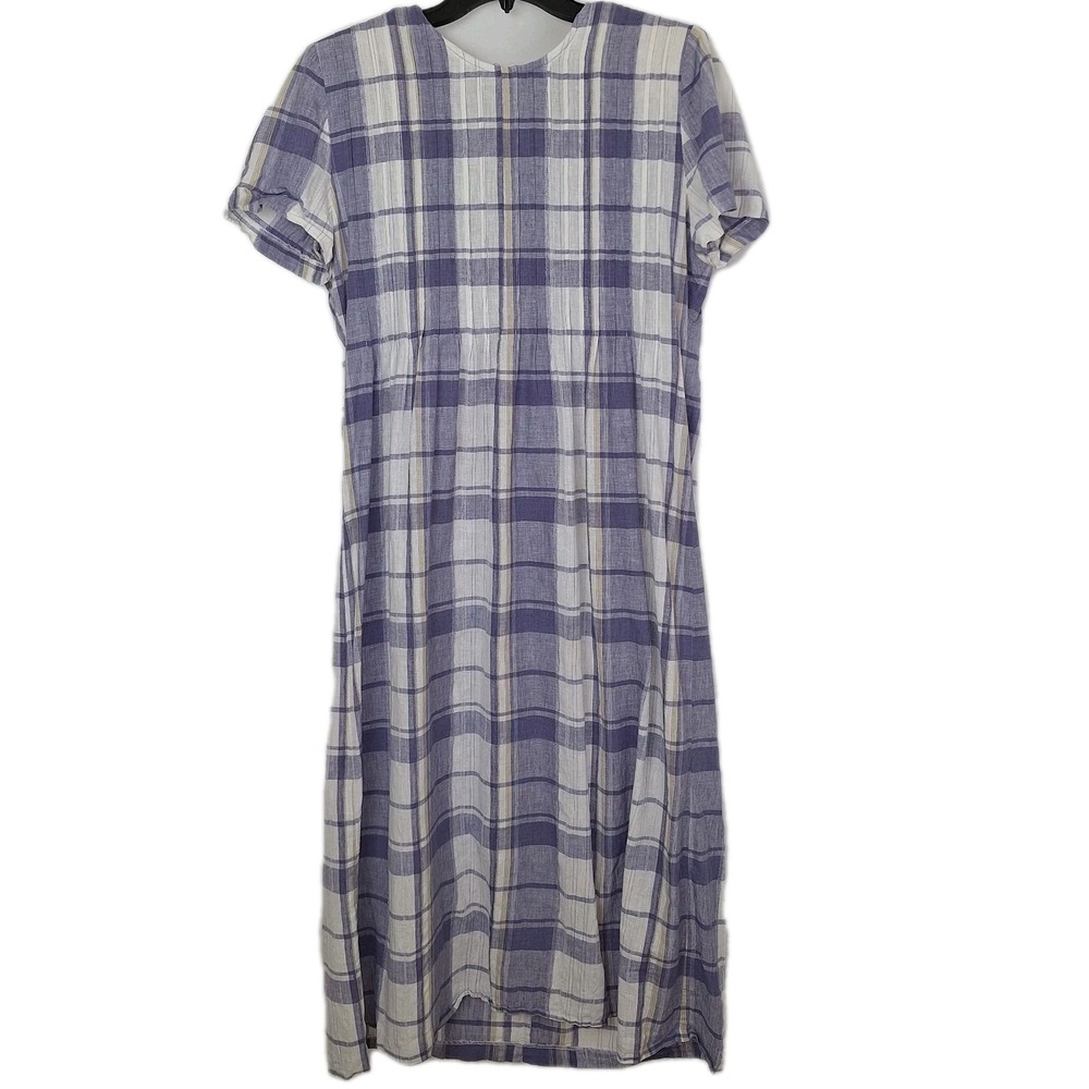 Vintage 90s Periwinkle White Plaid Linen Blend Dress 12 VTG Midi Cottagecore - Picture 2 of 16